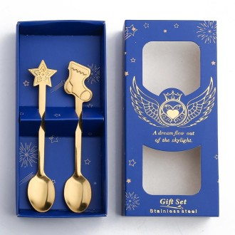 2pcs /Pack Christmas Stainless Steel Spoon Tableware Gift Set, Color: Blue Box Golden Socks+Stars