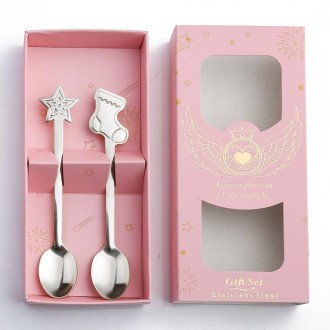 2pcs /Pack Christmas Stainless Steel Spoon Tableware Gift Set, Color: Pink Box Silver Socks+Stars