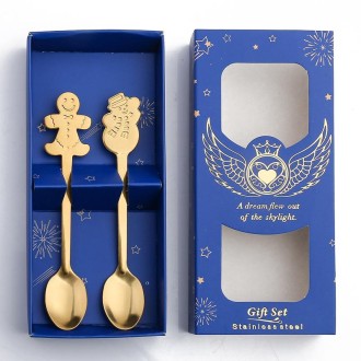 2pcs /Pack Christmas Stainless Steel Spoon Tableware Gift Set, Color: Blue Box Golden Gingerbread+Snowman