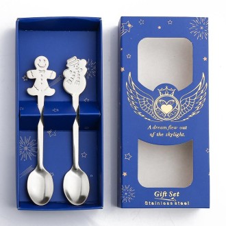 2pcs /Pack Christmas Stainless Steel Spoon Tableware Gift Set, Color: Blue Box Silver Gingerbread+Snowman