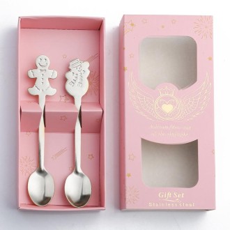 2pcs /Pack Christmas Stainless Steel Spoon Tableware Gift Set, Color: Pink Box Silver Gingerbread+Snowman