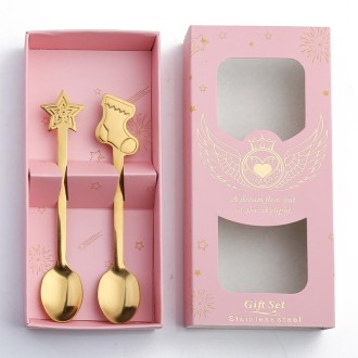 2pcs /Pack Christmas Stainless Steel Spoon Tableware Gift Set, Color: Pink Box Golden Socks+Stars