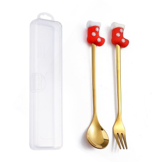 2pcs /Pack Christmas Dessert Fork And Spoon Set Portable Cute Cartoon Tableware, Style: Christmas Socks Golden