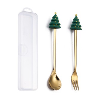 2pcs /Pack Christmas Dessert Fork And Spoon Set Portable Cute Cartoon Tableware, Style: Christmas Round Tree Golden