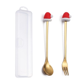 2pcs /Pack Christmas Dessert Fork And Spoon Set Portable Cute Cartoon Tableware, Style: Christmas Hat Golden