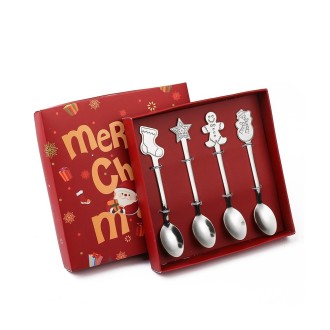 4pcs /Pack Christmas Stainless Steel Spoon Tableware Gift Set, Color: Silver Christmas Box