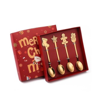 4pcs /Pack Christmas Stainless Steel Spoon Tableware Gift Set, Color: Golden Christmas Box