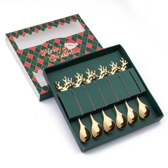 6pcs /Pack Christmas 304 Stainless Steel Deer Stirring Spoon Coffee Dessert Scoop, Color: Gold+Green Box