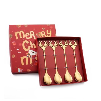 4pcs /Pack Christmas 304 Stainless Steel Deer Stirring Spoon Coffee Dessert Scoop, Color: Gold+Red Box