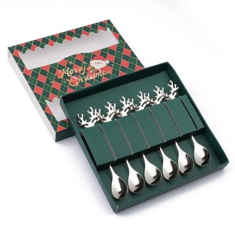 6pcs /Pack Christmas 304 Stainless Steel Deer Stirring Spoon Coffee Dessert Scoop, Color: Silver+Green Box