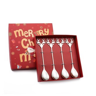 4pcs /Pack Christmas 304 Stainless Steel Deer Stirring Spoon Coffee Dessert Scoop, Color: Silver+Red Box