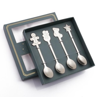 4pcs /Pack Christmas Stainless Steel Spoon Tableware Gift Set, Color: Silver Green Box