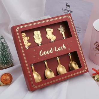 4pcs /Pack Christmas Stainless Steel Spoon Tableware Gift Set, Color: Golden Red Box