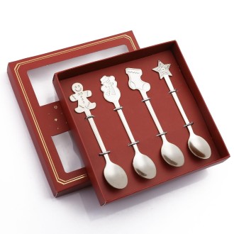 4pcs /Pack Christmas Stainless Steel Spoon Tableware Gift Set, Color: Silver Red Box