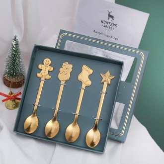 4pcs /Pack Christmas Stainless Steel Spoon Tableware Gift Set, Color: Golden Green Box