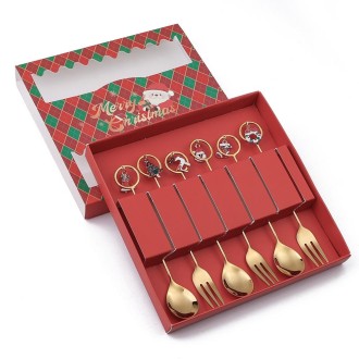 6pcs /Pack Christmas Stainless Steel Spoon And Fork Cutlery Gift Set, Style: 304 Circle+Red Box