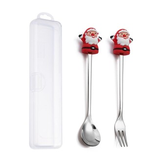 2pcs /Pack Christmas Dessert Fork And Spoon Set Portable Cute Cartoon Tableware, Style: Santa Claus Silver