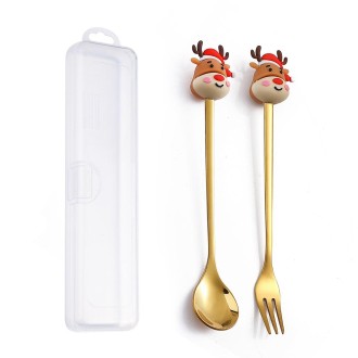 2pcs /Pack Christmas Dessert Fork And Spoon Set Portable Cute Cartoon Tableware, Style: Christmas Elk Golden