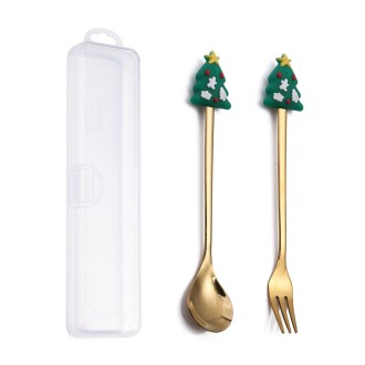 2pcs /Pack Christmas Dessert Fork And Spoon Set Portable Cute Cartoon Tableware, Style: Christmas Small Tree Golden