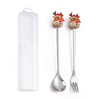 2pcs /Pack Christmas Dessert Fork And Spoon Set Portable Cute Cartoon Tableware, Style: Christmas Elk Silver