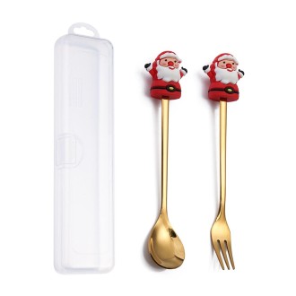 2pcs /Pack Christmas Dessert Fork And Spoon Set Portable Cute Cartoon Tableware, Style: Santa Claus Golden