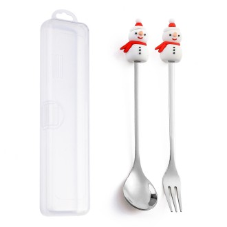 2pcs /Pack Christmas Dessert Fork And Spoon Set Portable Cute Cartoon Tableware, Style: Christmas Snowman Silver