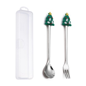 2pcs /Pack Christmas Dessert Fork And Spoon Set Portable Cute Cartoon Tableware, Style: Christmas Small Tree Silver