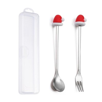 2pcs /Pack Christmas Dessert Fork And Spoon Set Portable Cute Cartoon Tableware, Style: Christmas Hat Silver