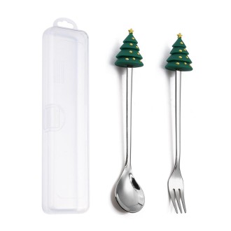 2pcs /Pack Christmas Dessert Fork And Spoon Set Portable Cute Cartoon Tableware, Style: Christmas Round Tree Silver