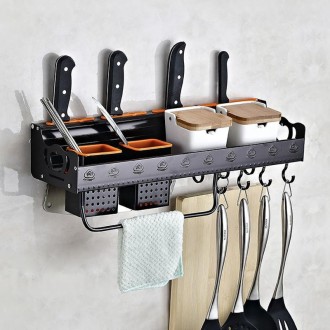 C Version 50cm 2 Cups 10 Hooks Kitchen Multi-function Wall-mounted Condiment Holder Storage Rack (Black)