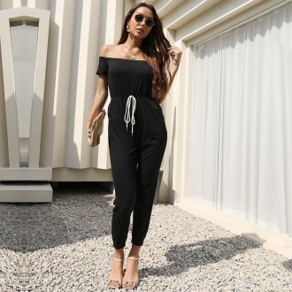 One-shoulder Off-shoulder Short-sleeved Lace-up Solid Color Jumpsuit (Color:Black Size:M)