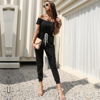 One-shoulder Off-shoulder Short-sleeved Lace-up Solid Color Jumpsuit (Color:Black Size:M)