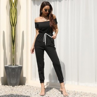 One-shoulder Off-shoulder Short-sleeved Lace-up Solid Color Jumpsuit (Color:Black Size:M)