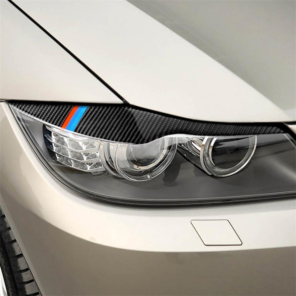 1 Pair Three Color Carbon Fiber Car Lamp Eyebrow Decorative Sticker for BMW E90 / 318i / 320i / 325i 2005-2008, Drop Glue Versio