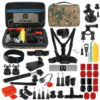 PULUZ 53 in 1 Accessories Total Ultimate Combo Kits with Camouflage EVA Case (Chest Strap + Suction Cup Mount + 3-Way Pivot Arms