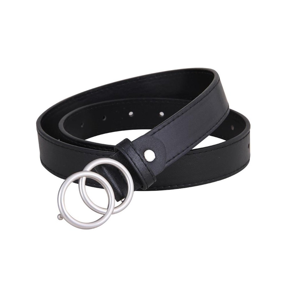 100cm Ladies Double Round Buckle Belt Simple Black Denim Belt