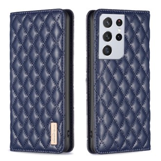 For Samsung Galaxy S21 Ultra 5G Diamond Lattice Magnetic Leather Flip Phone Case(Blue)