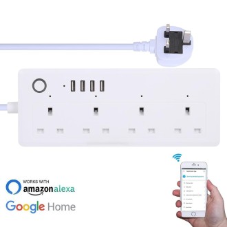 4 x USB Ports + 4 x UK Plug Jack 13A Max Output WiFi Remote Control Smart Power Socket Works with Alexa & Google Home, AC 100-24