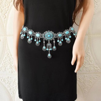 Vintage Alloy Flowers With Diamonds Drops Tassel Waist Chain Waist Ornaments, Color: B