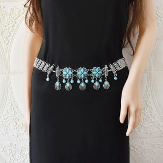 Vintage Alloy Flowers With Diamonds Drops Tassel Waist Chain Waist Ornaments, Color: A