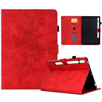 For Samsung Galaxy Tab S7 / S8 Peony Butterfly Embossed Leather Smart Tablet Case(Red)