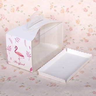 50 Pieces Set Portable Transparent Pieces Cake Box Mousse Pastry Packaging Box, Colour: Large White Flamingos (With Tray)