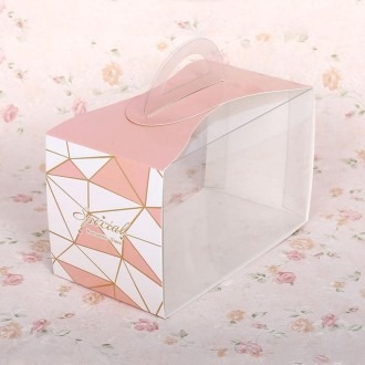 50 Pieces Set Portable Transparent Pieces Cake Box Mousse Pastry Packaging Box, Colour: Large Pink Geometric (Without Tray)