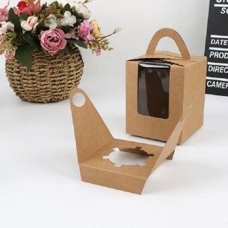 30 PCS Transparent Window 1 Piece Cardboard Portable Cup Cake Box Mousse Pastry Box Cowhide Color 