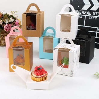 30 PCS Transparent Window 1 Piece Cardboard Portable Cup Cake Box Mousse Pastry Box Cowhide Color 