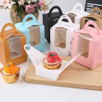 30 PCS Transparent Window 1 Piece Cardboard Portable Cup Cake Box Mousse Pastry Box Cowhide Color 