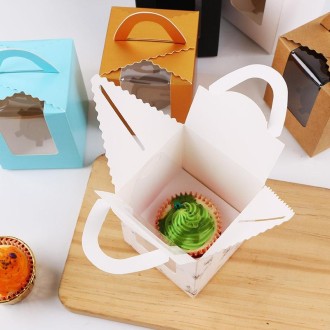 30 PCS Transparent Window 1 Piece Cardboard Portable Cup Cake Box Mousse Pastry Box Cowhide Color 