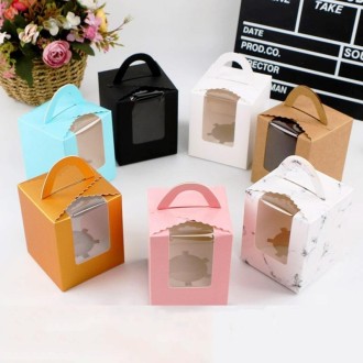 30 PCS Transparent Window 1 Piece Cardboard Portable Cup Cake Box Mousse Pastry Box Cowhide Color 