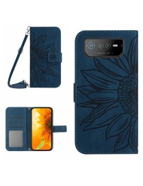 For Asus ROG Phone 6 Skin Feel Sun Flower Pattern Flip Leather Phone Case with Lanyard(Inky Blue)