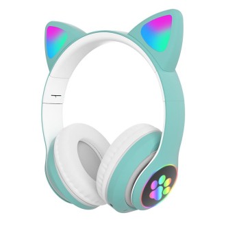 T&G TN-28 3.5mm Bluetooth 5.0 Dual Connection RGB Cat Ear Bass Stereo Noise-cancelling Headphones Support TF Card With Mic(Green